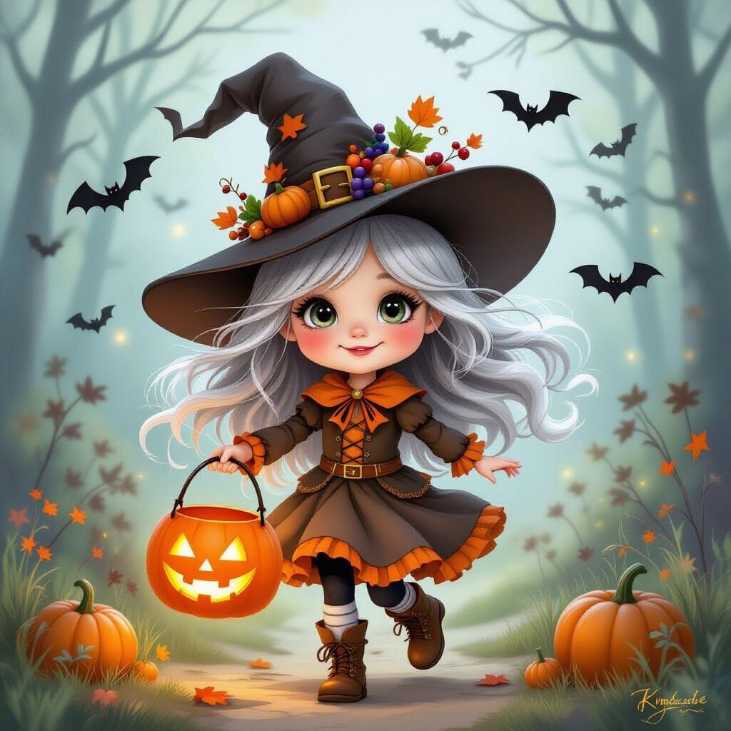 Whimsical Halloween Witch Child Running with Glowing Pumpkin