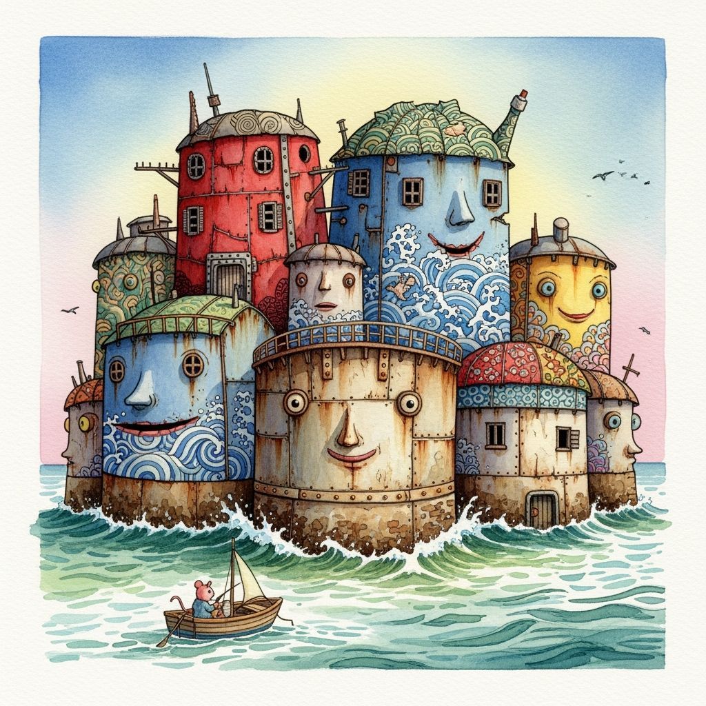 Maunsell Sea Forts in Watercolor Style