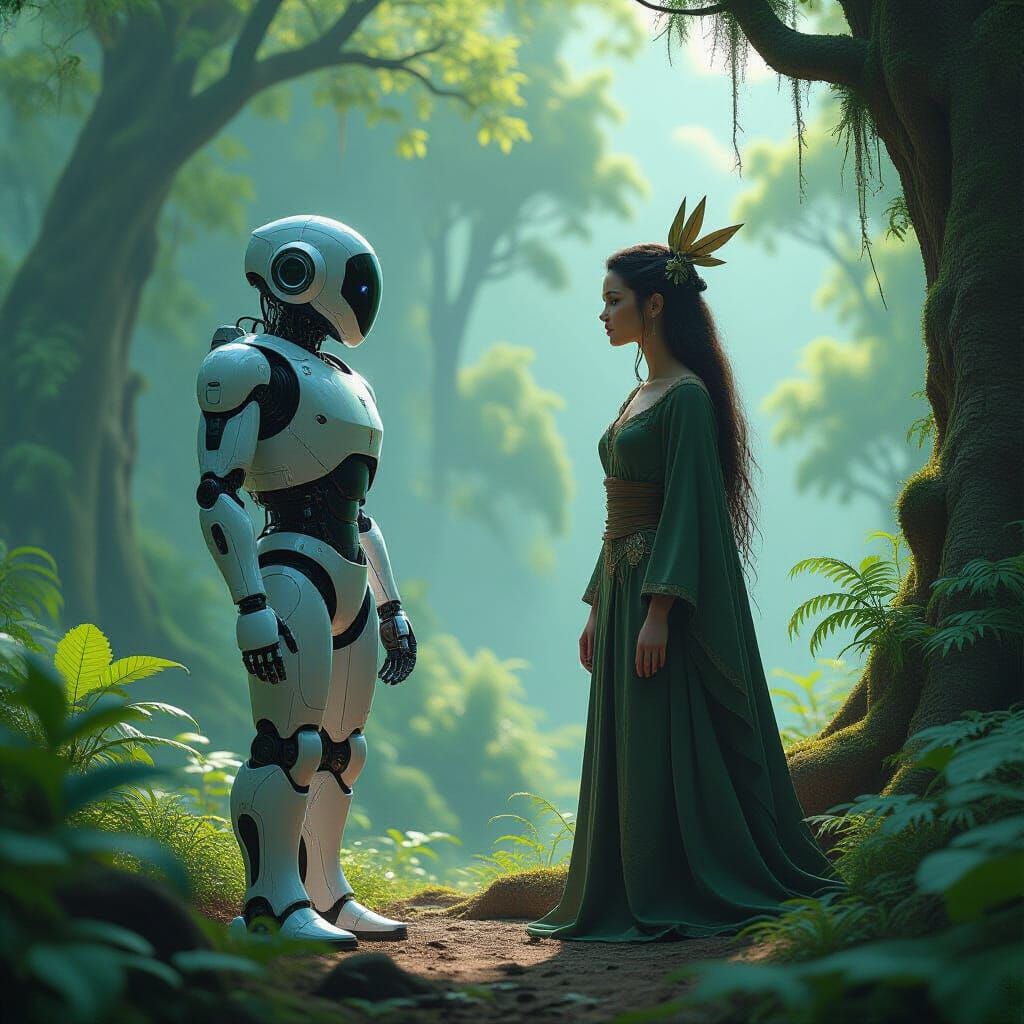 "Write a dialogue between a high-tech AI robot and an ancien...