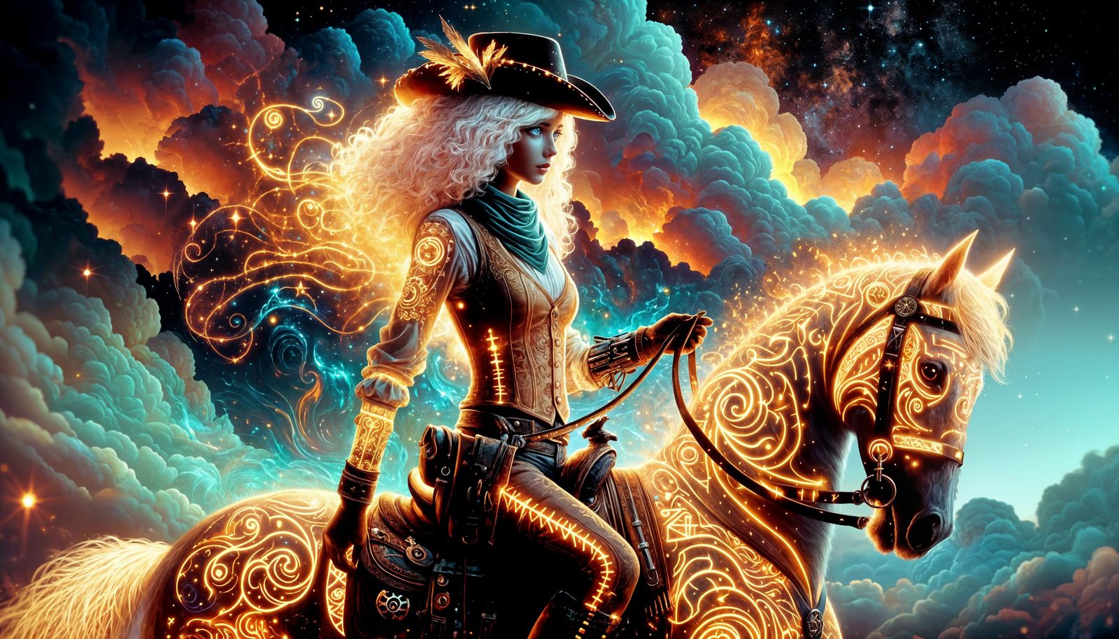 Girl in Steampunk Cowboy Attire Rides Horse Amidst Clouds