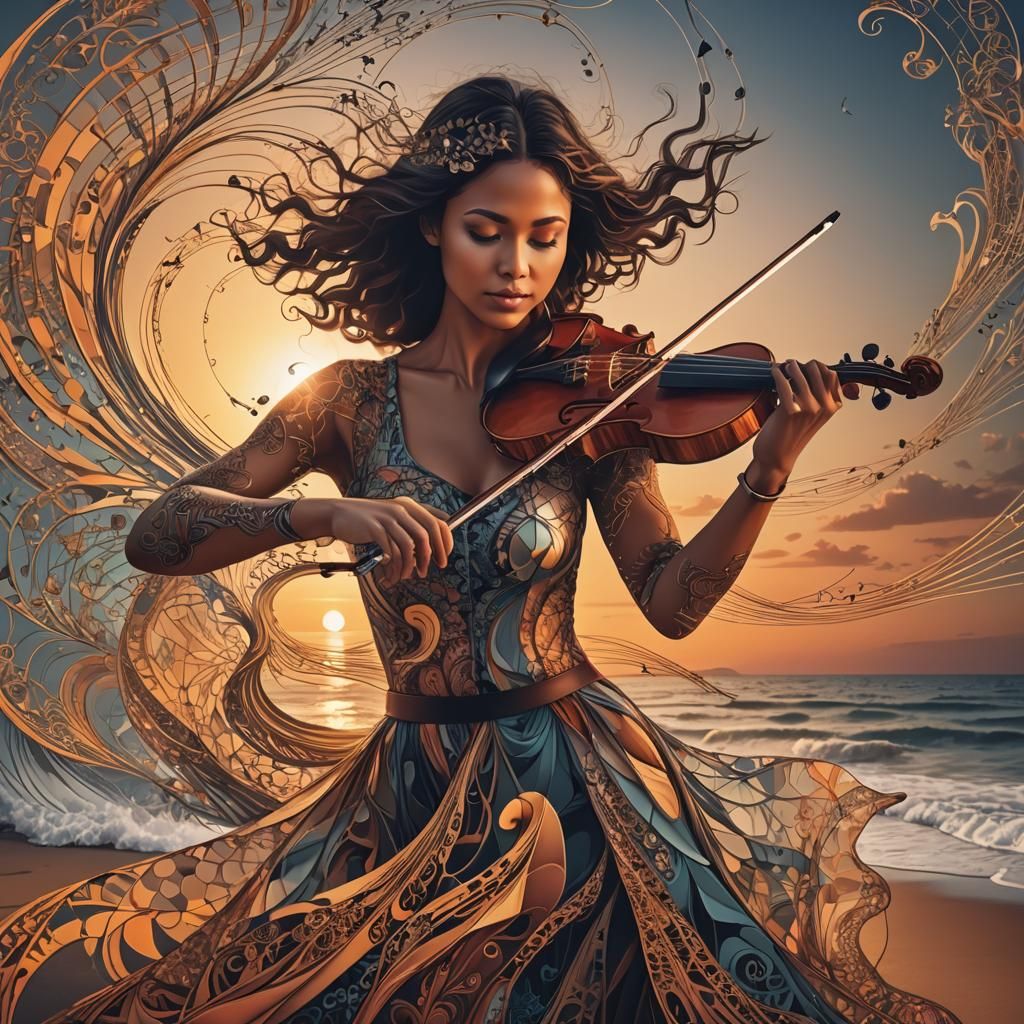 Sunset Violinist Double Exposure with Fractals