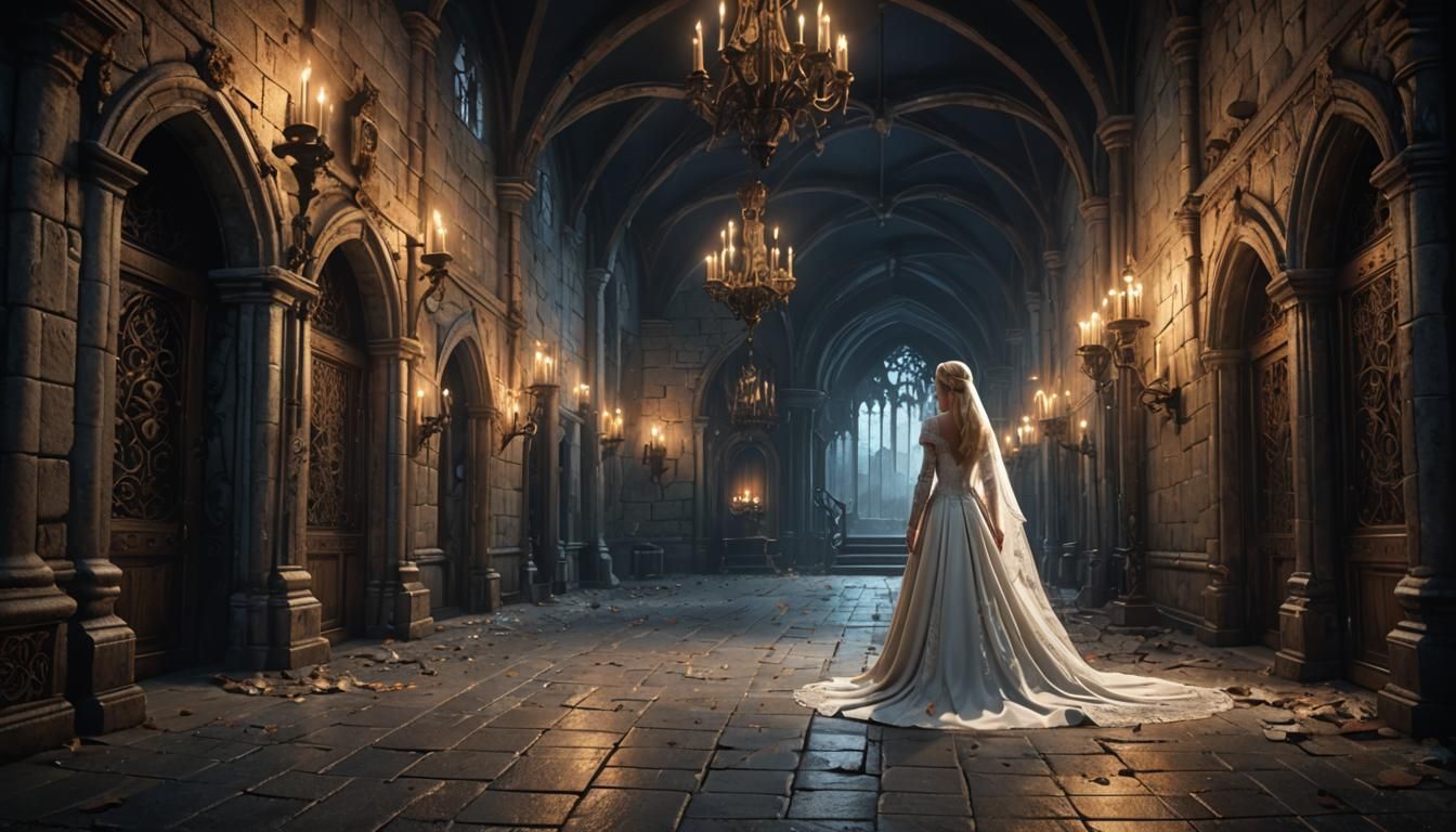 Bride in Dark Castle Hallway, Fantasy Art