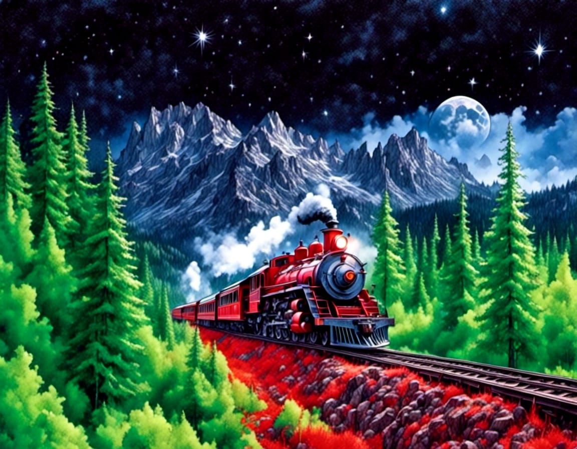 Red Train in Dark Forest, Comic Book Art