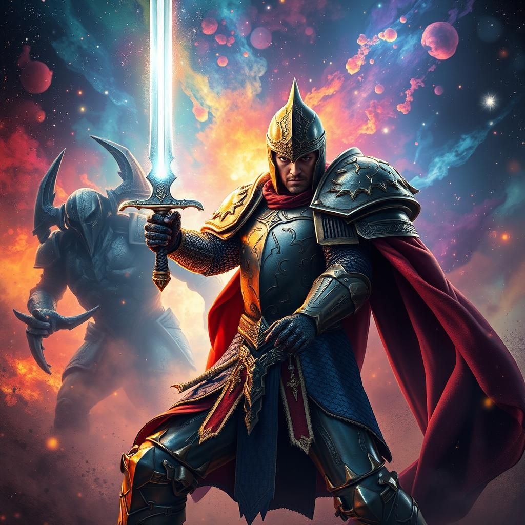 Heroic Warrior in Cosmic Battle: Splash Art Style