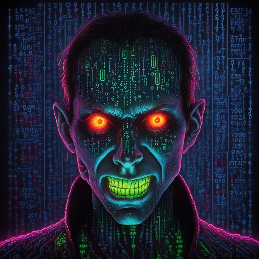 Neon Horror Vampire in Binary Code Art