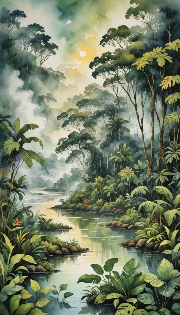 Amazon River Rainforest: Watercolor Storybook Illustration