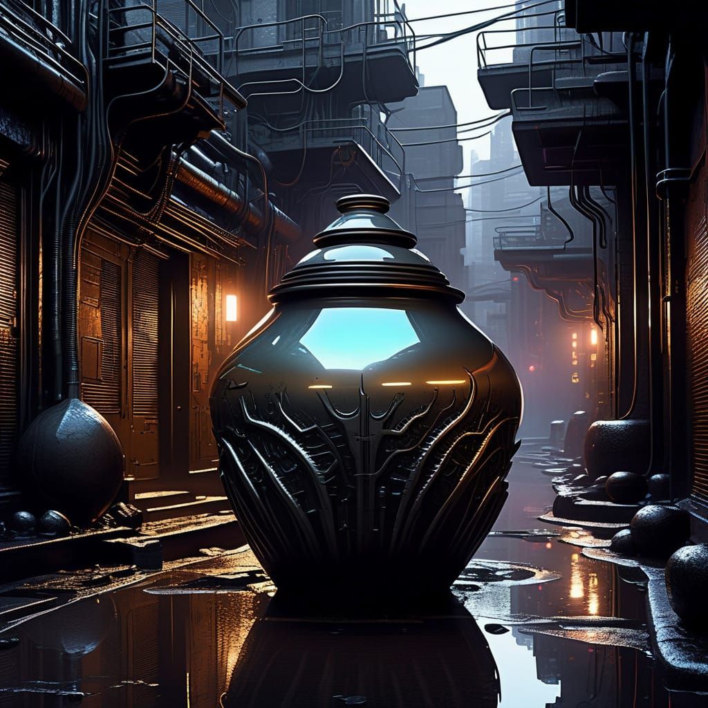 Cyberpunk Clay Pot in Gritty Cityscape
