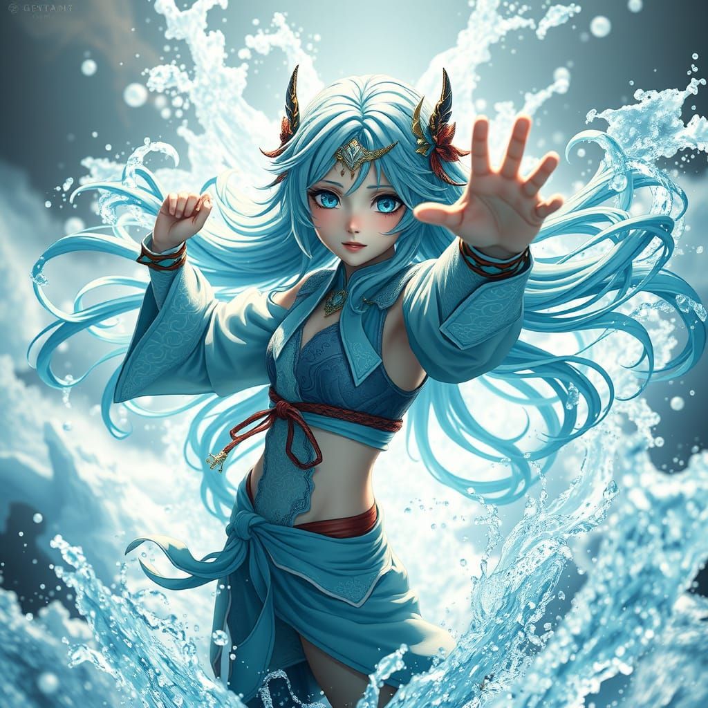 Heroic Girl Mastering Oceanic Powers in Vibrant Anime Style