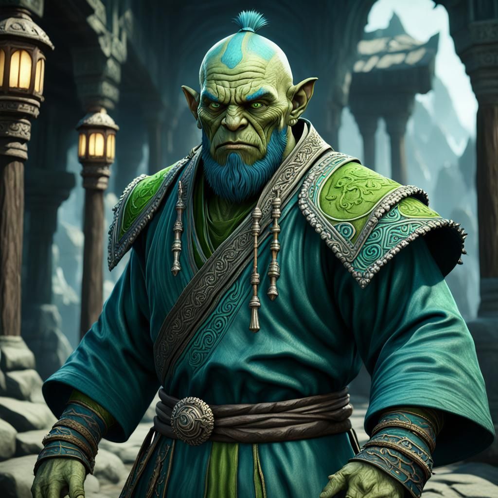 Detailed Orc Monk in Blue and Green Robes