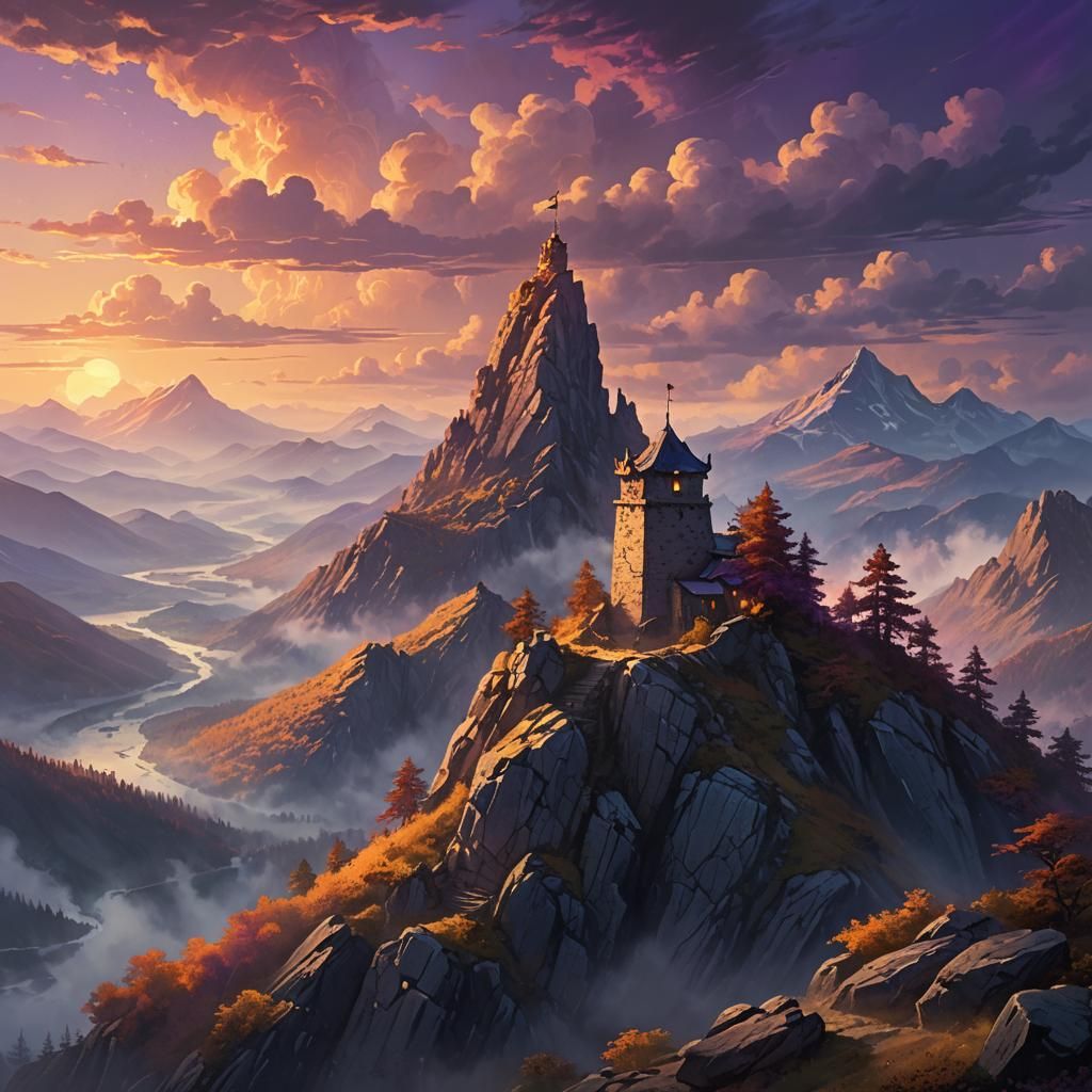 Mystical Watchtower on Rugged Mountain Peak