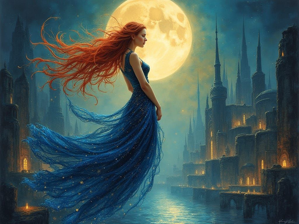 Maiden in Mystical City Under Luminous Moon, Alcohol Ink Art