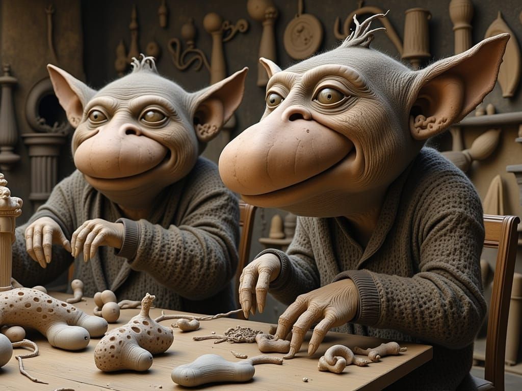 Cinematic Clay Sculptors in a Whimsical Studio