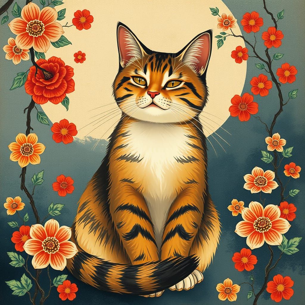Vibrant Korean Folk Art Cat Painting