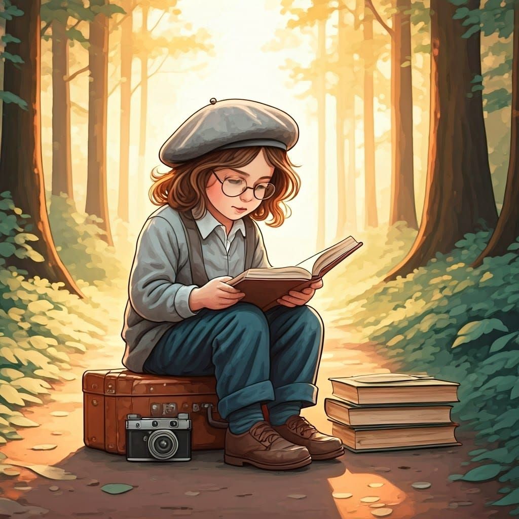 Boy Reading Book in Forest, Watercolor Illustration