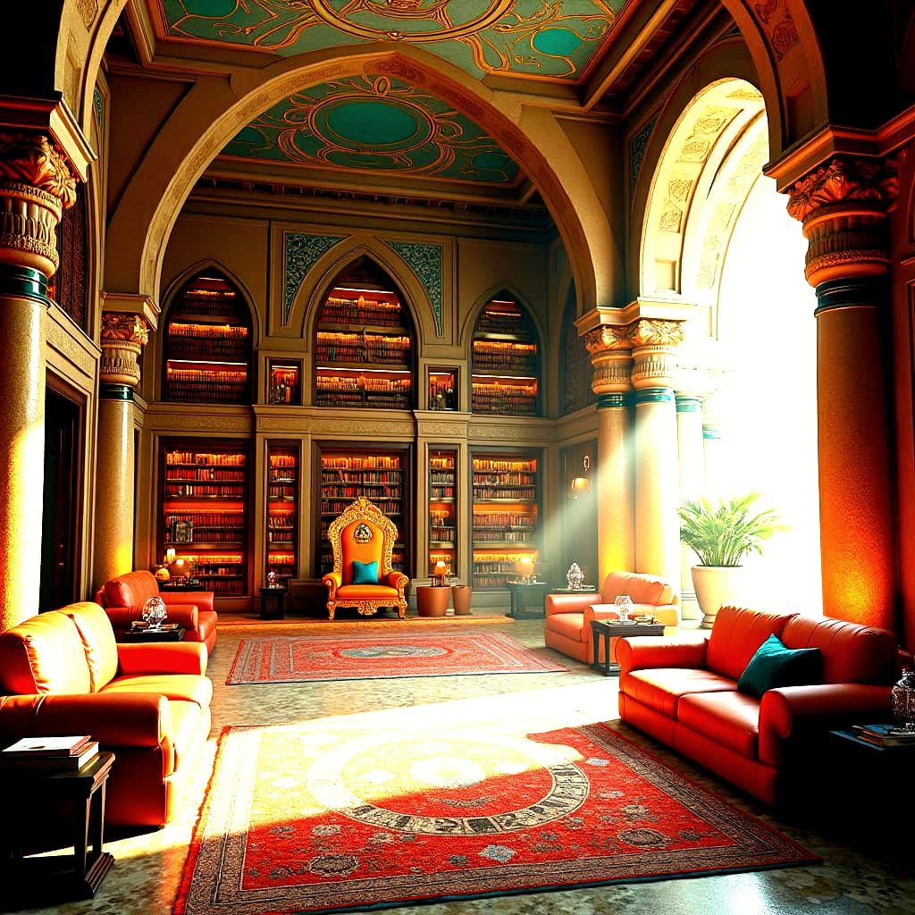 Egyptian Library with Hieroglyphs and Rare Books
