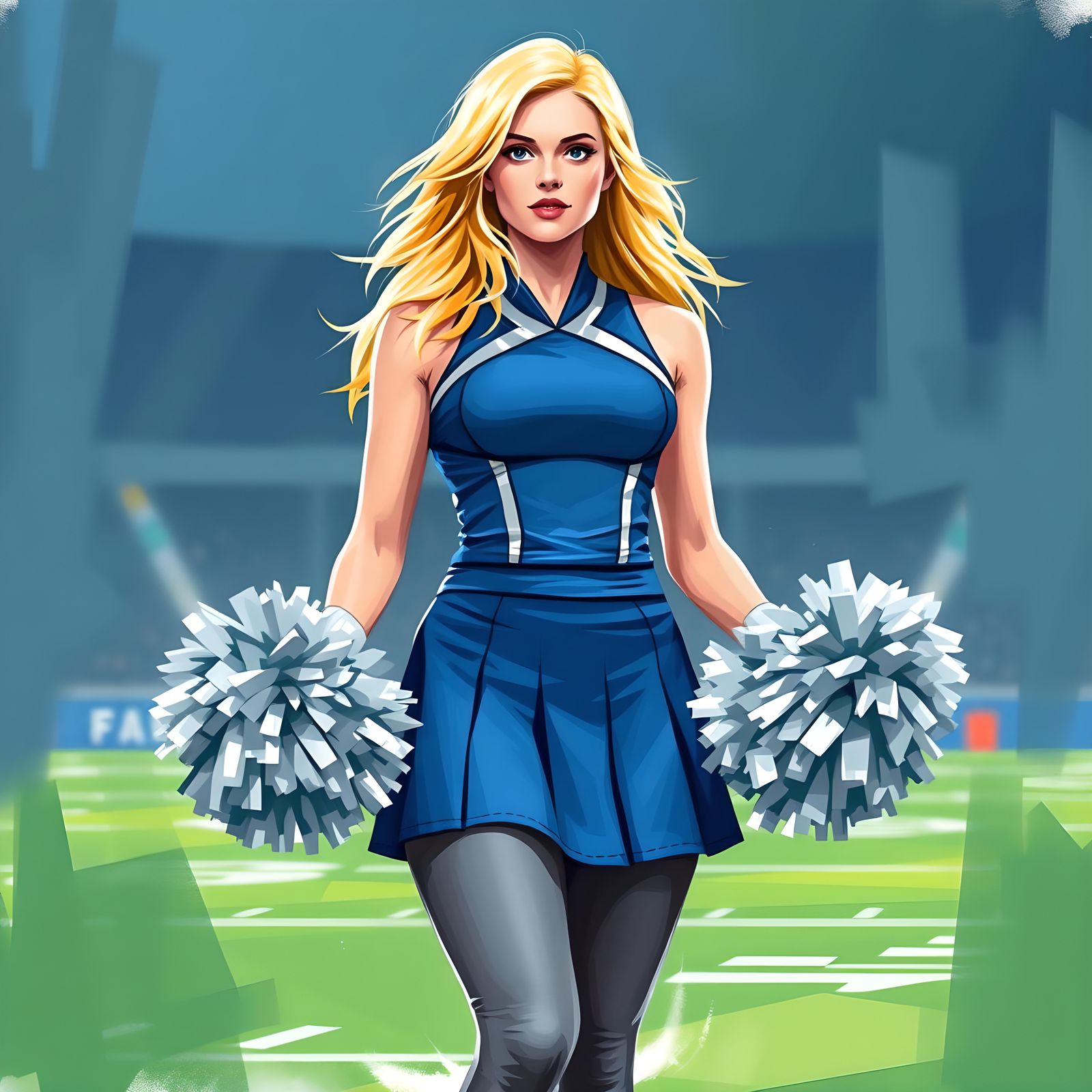 Blonde Cheerleader with Silver Pom Poms on Sideline