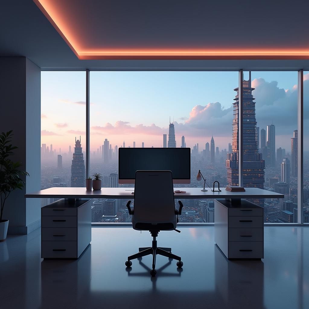 Minimalist Computer Workstation in Sci-Fi Cityscape