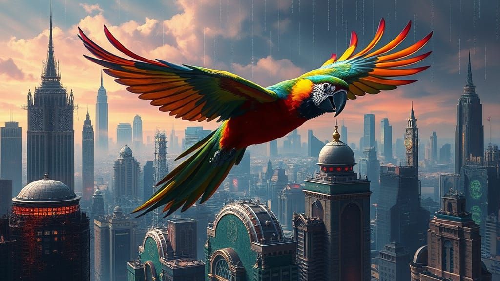Rainbow Parrot Soars Through Dystopian Matrix Landscape