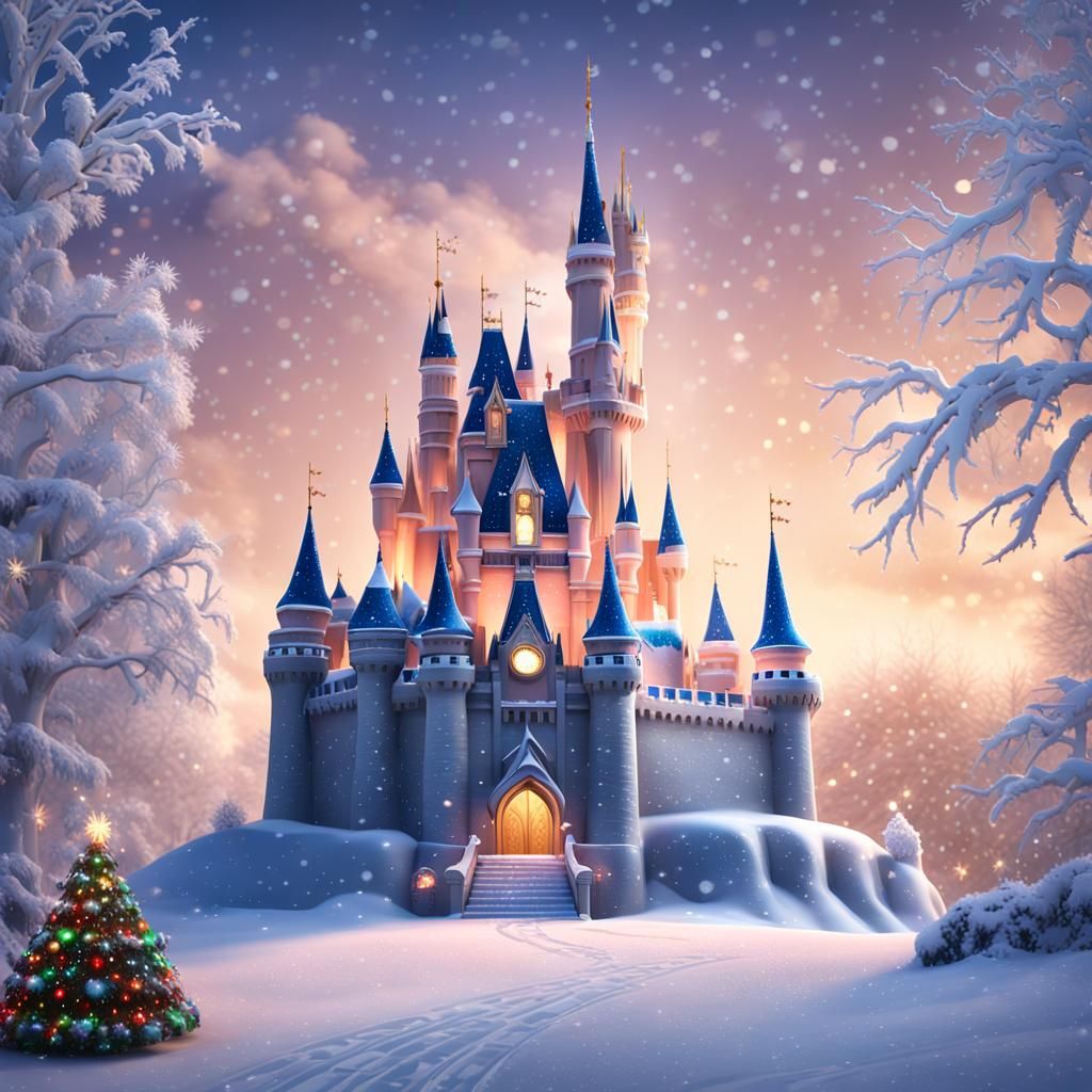 Snowy Cinderella Castle in Festive 3D Digital Art