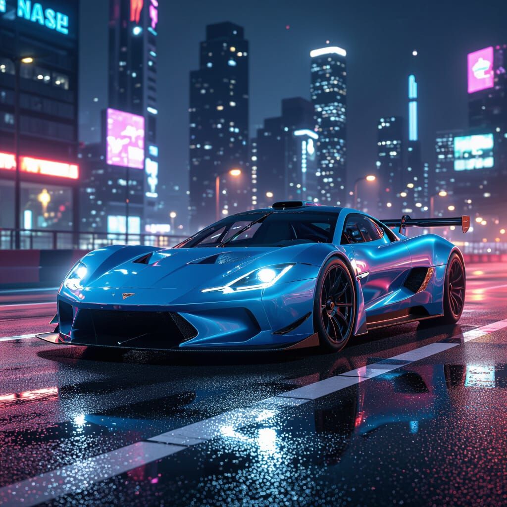 Hyperrealistic Modern Racing Car in Neon City