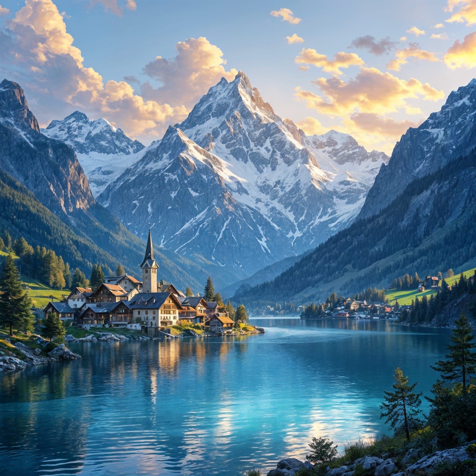 Detailed Swiss Alps Village Overlooking Lake