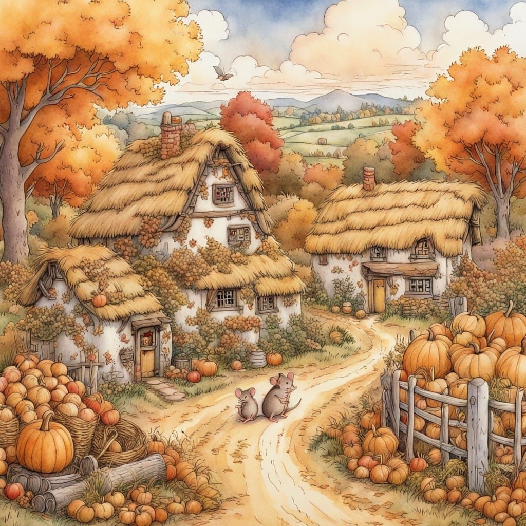 Charming Autumn Countryside Mouse in Watercolor Style
