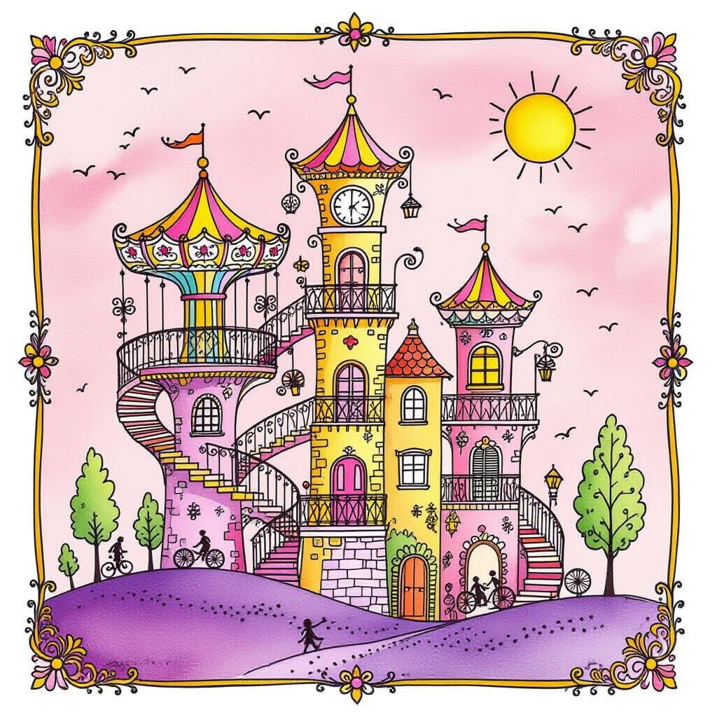 Whimsical Ink Drawing of a Carousel Castle