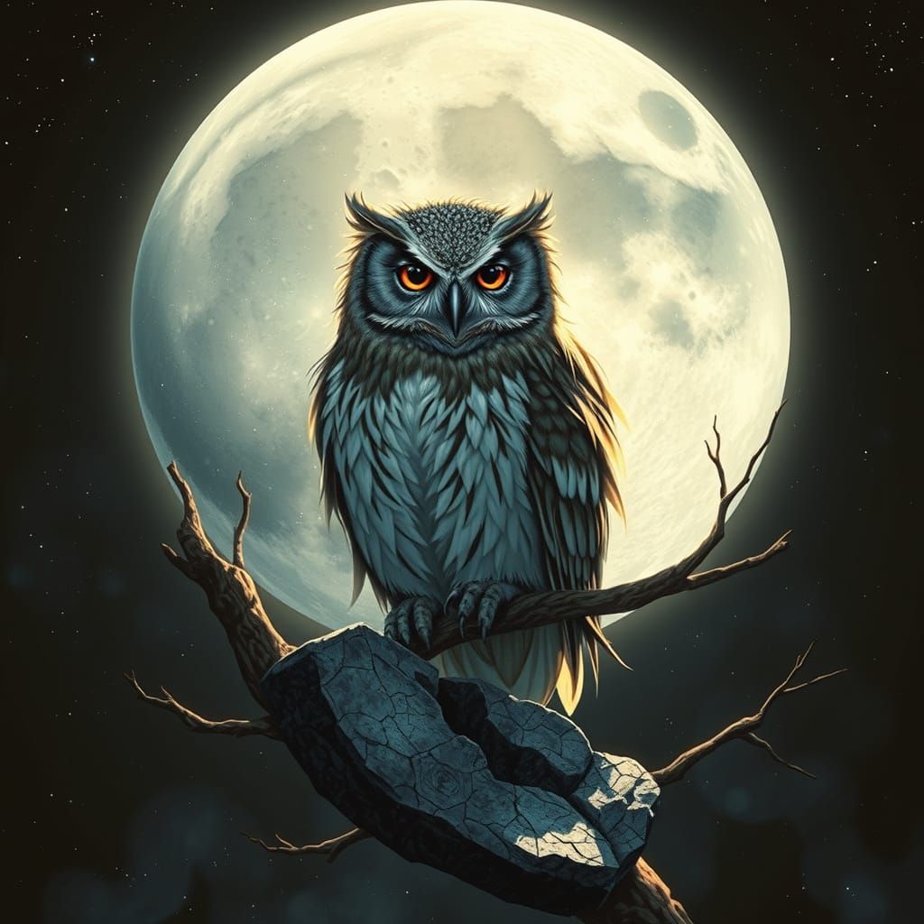 Majestic Owl on Shattered Moon Branch, Galaxy Eyes