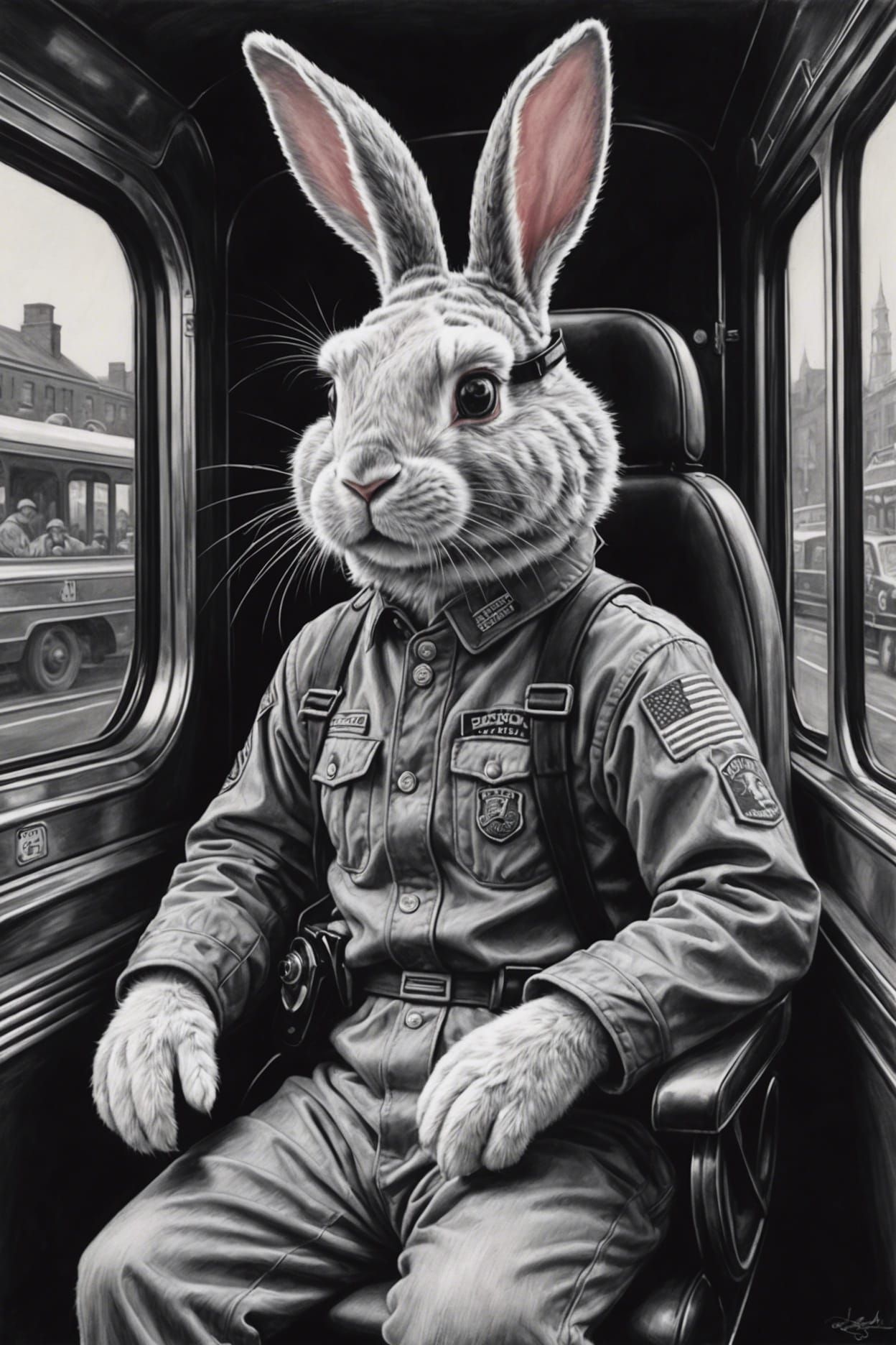 Hyperdetailed Charcoal Drawing of Bunny Suit Train Driver
