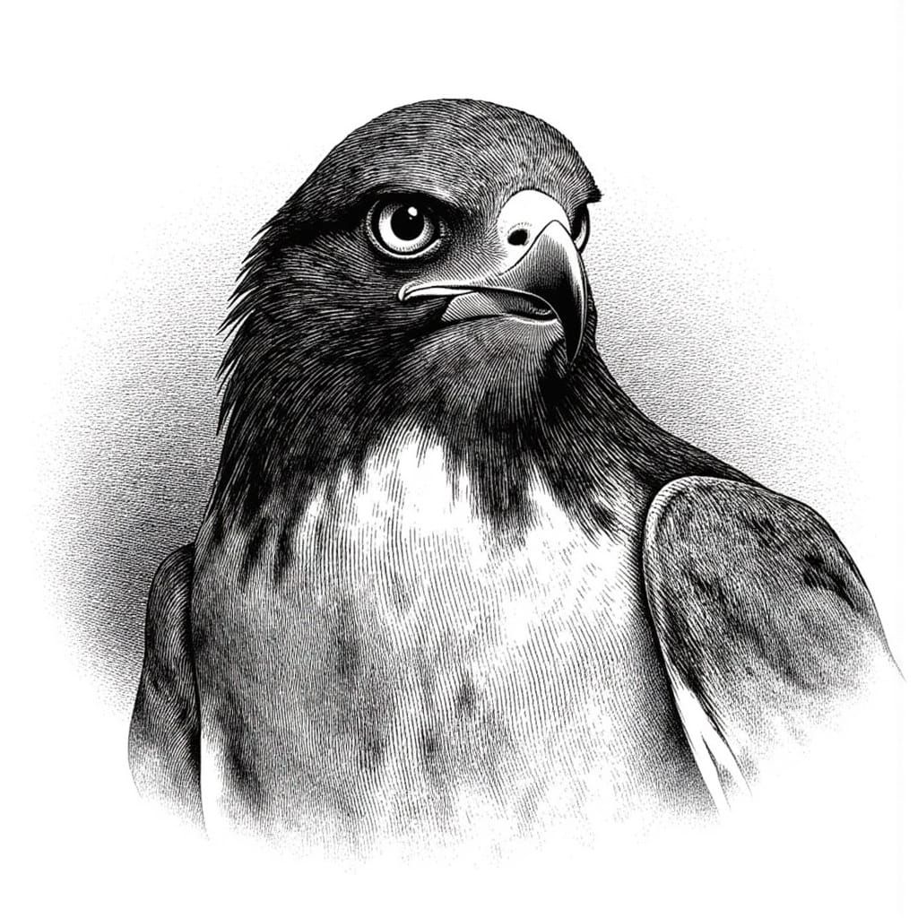 Regal Hawk in Pan and Ink Cross Hatch Etching Style