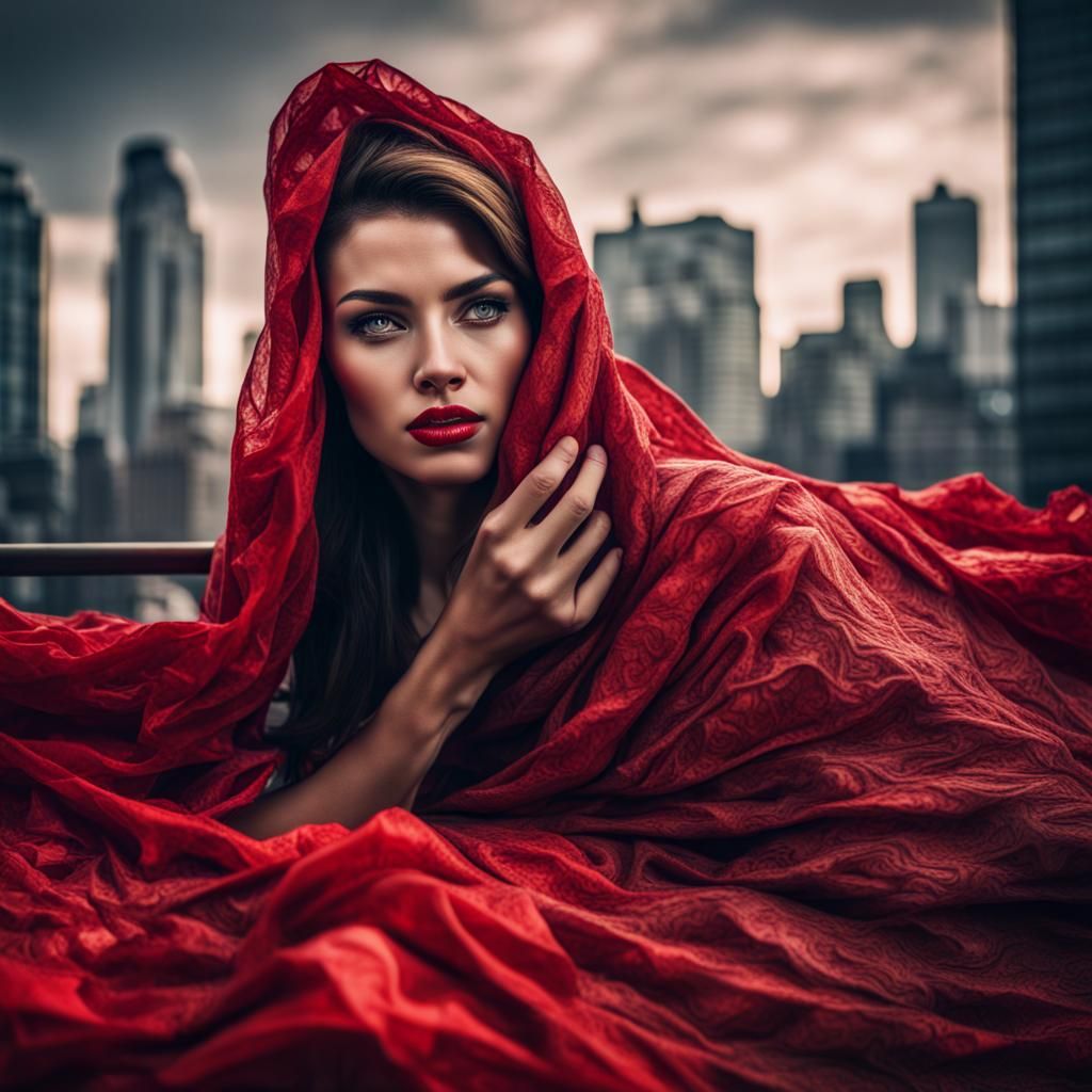 Woman with Red Tissue in Hyperrealistic Cityscape