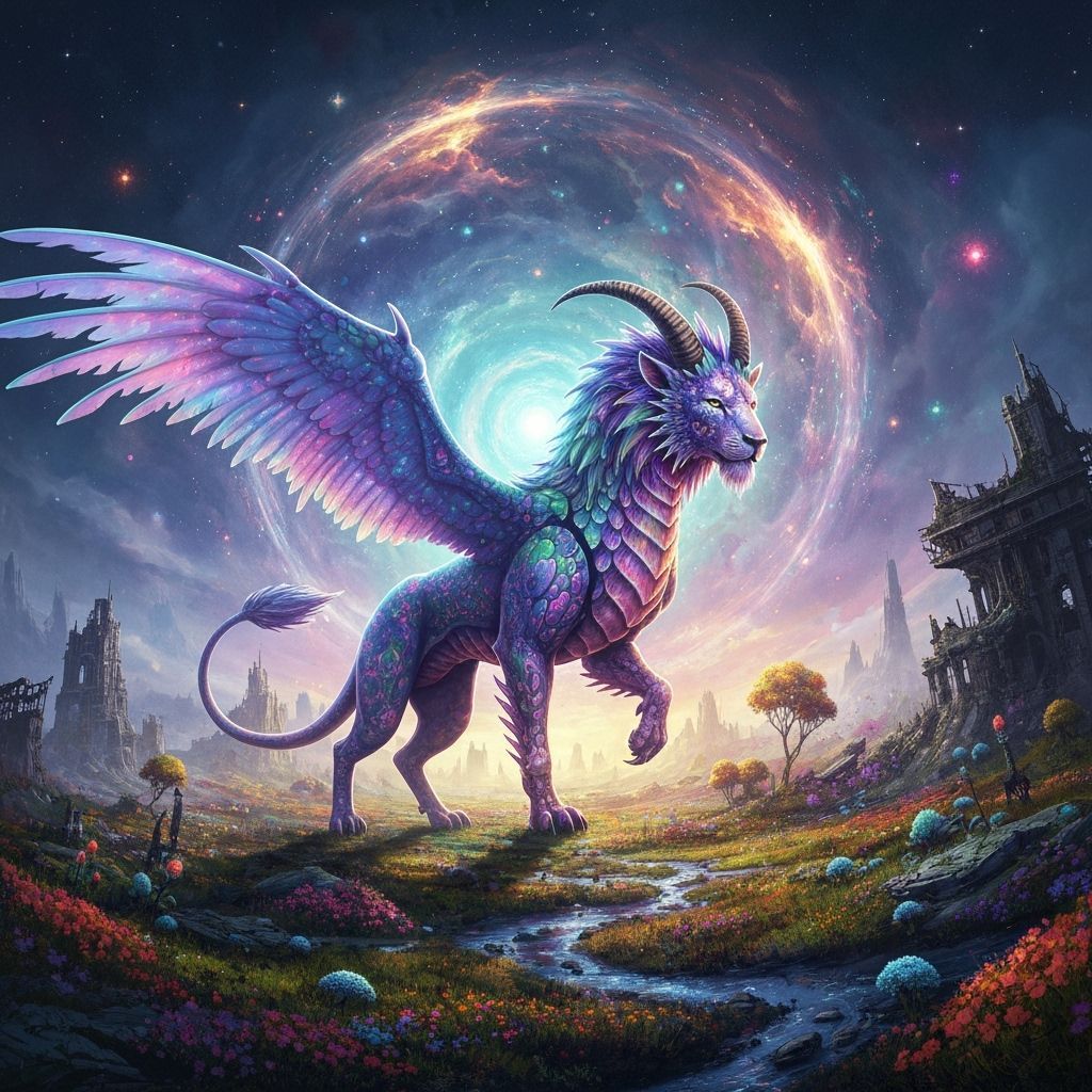Mystical Chimera with Iridescent Scales and Ethereal Wings