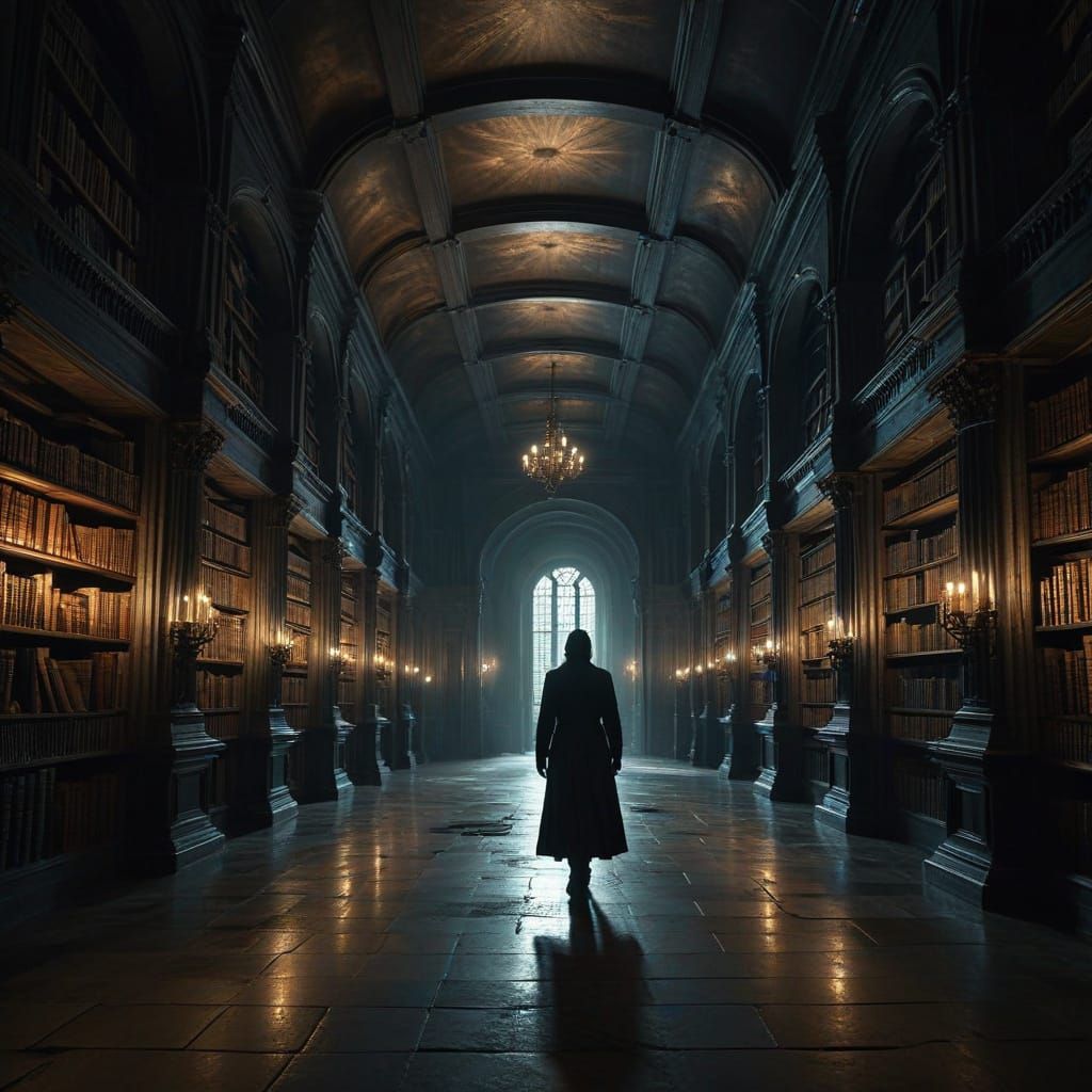 Surreal Dark Fantasy Library with Ominous Lighting