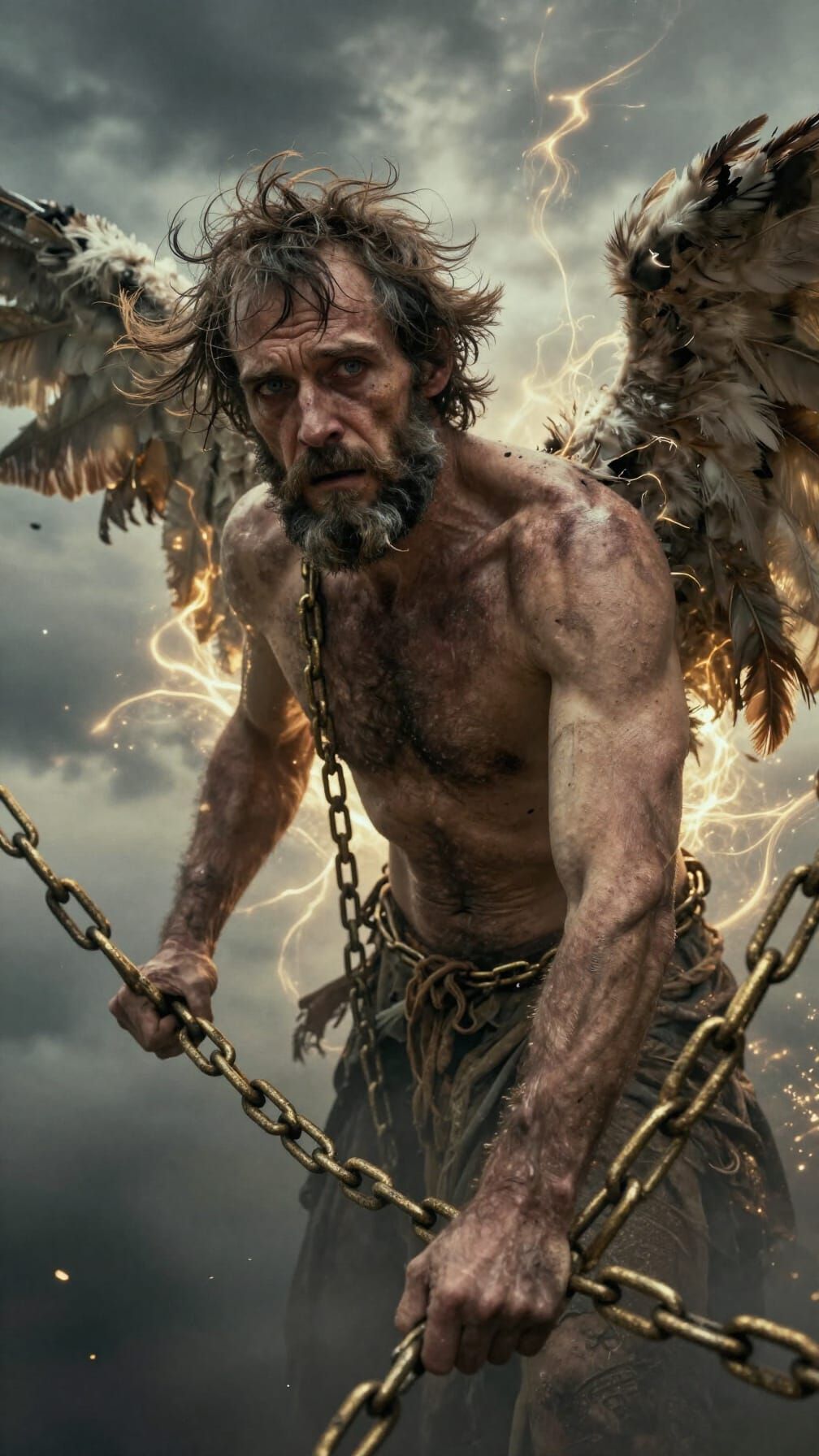 Fallen Angel Struggles Against Chains in Stormy Sky