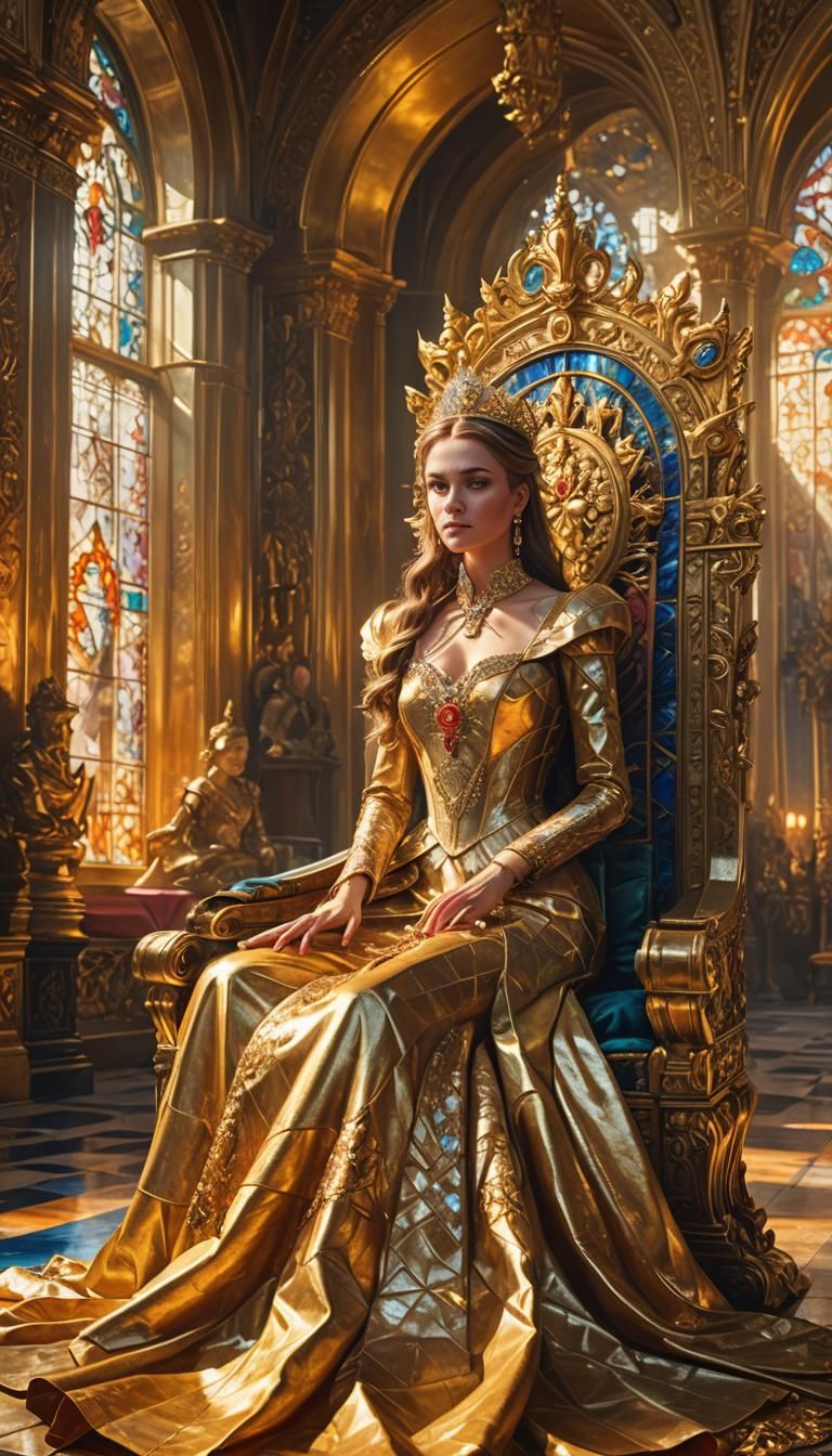 Queen and Princess on Golden Throne: Fantasy Oil Painting