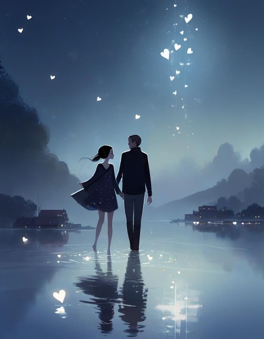 Couple Surrounded by Floating Hearts and Starlight