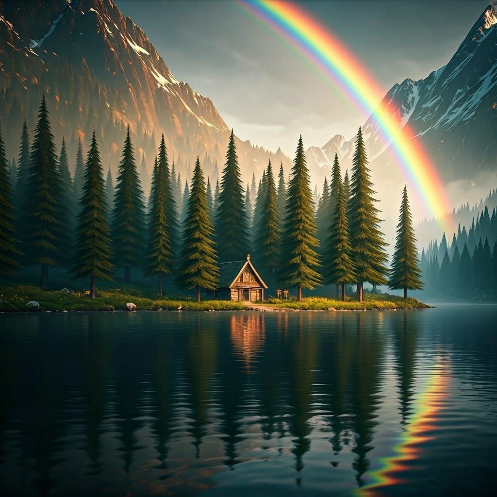 Whimsical Cabin Amidst Vibrant Trees and Tranquil Lake