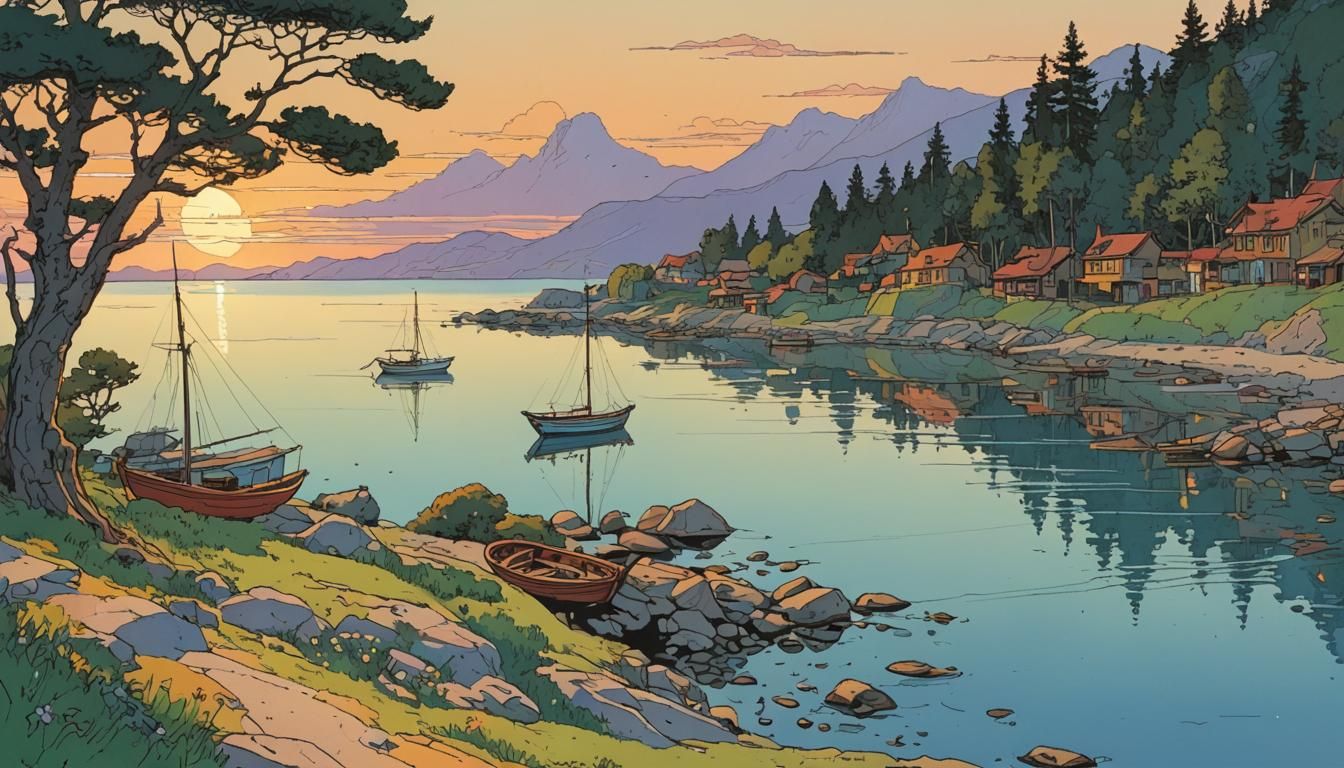 Coastal Landscape in Moebius Style at Sunset