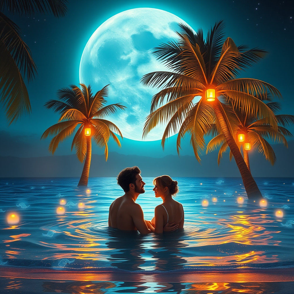 Couple's Moonlit Swim in Bioluminescent Sea