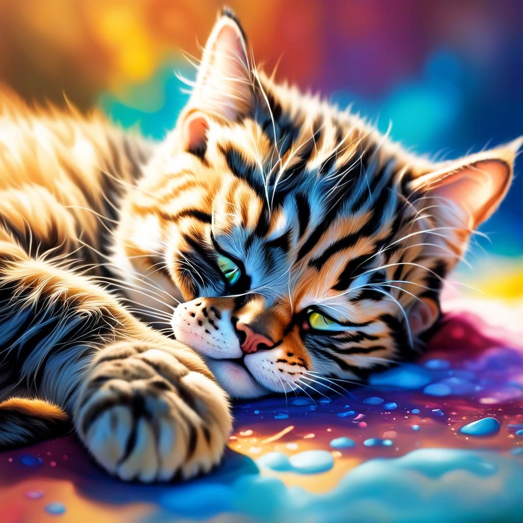 Hyperrealistic Sleeping Tabby Kitten in Splash Art Style