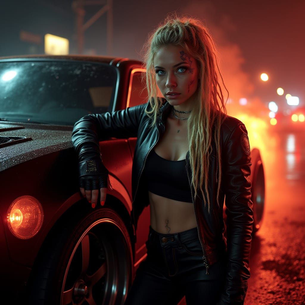 Fierce Blonde Woman in Neon-Noir Street Scene
