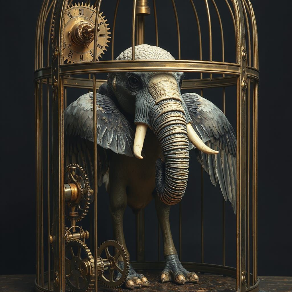 Steampunk Elephant-Bird Hybrid in Ornate Cage