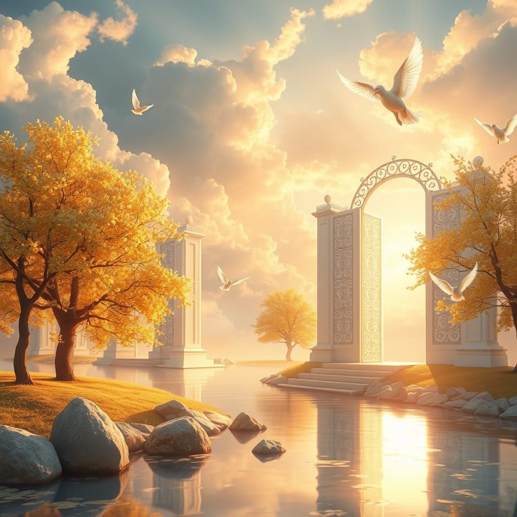 Heavenly Realm with Golden Light and Angels