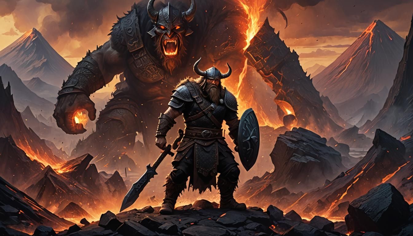 Viking Warrior Amidst Volcanic Landscape in Dark Fantasy Sty...