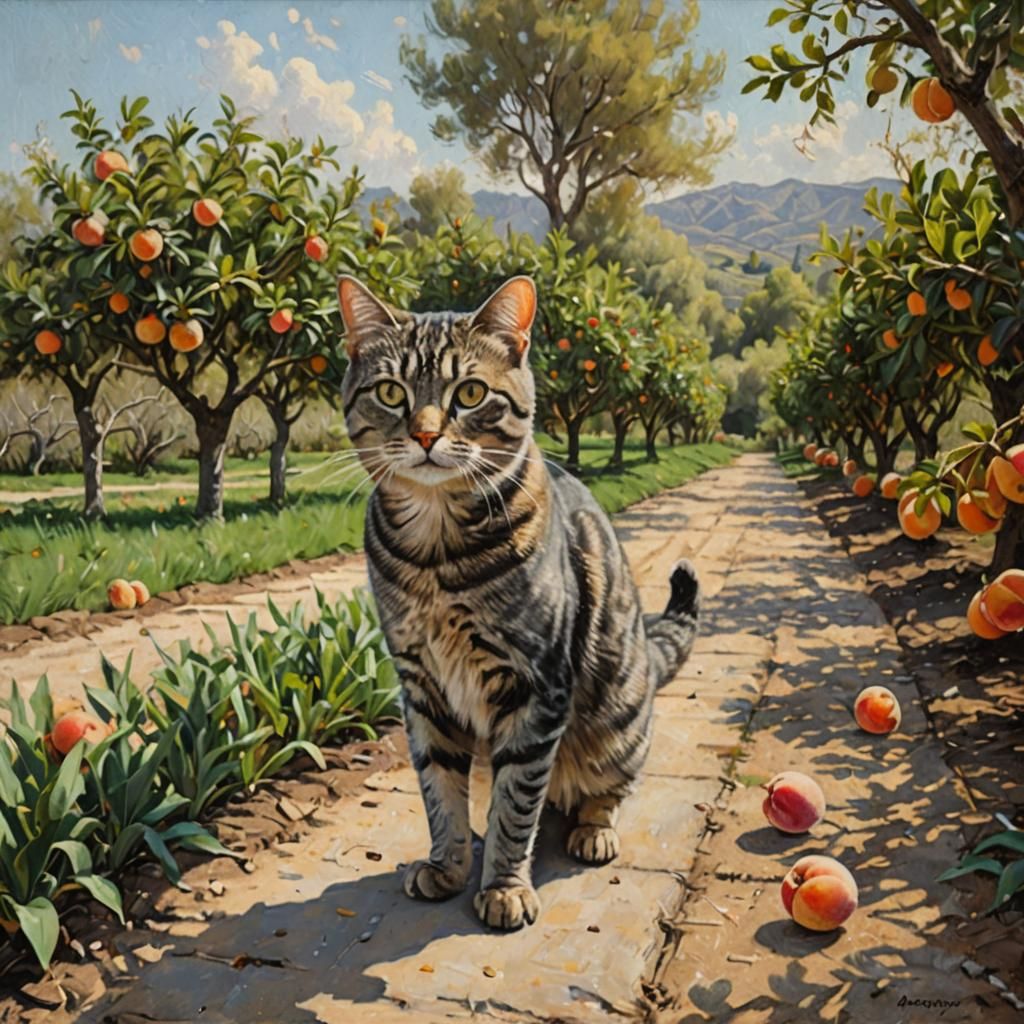 Tabby Cat in Peach Grove: Oil Painting