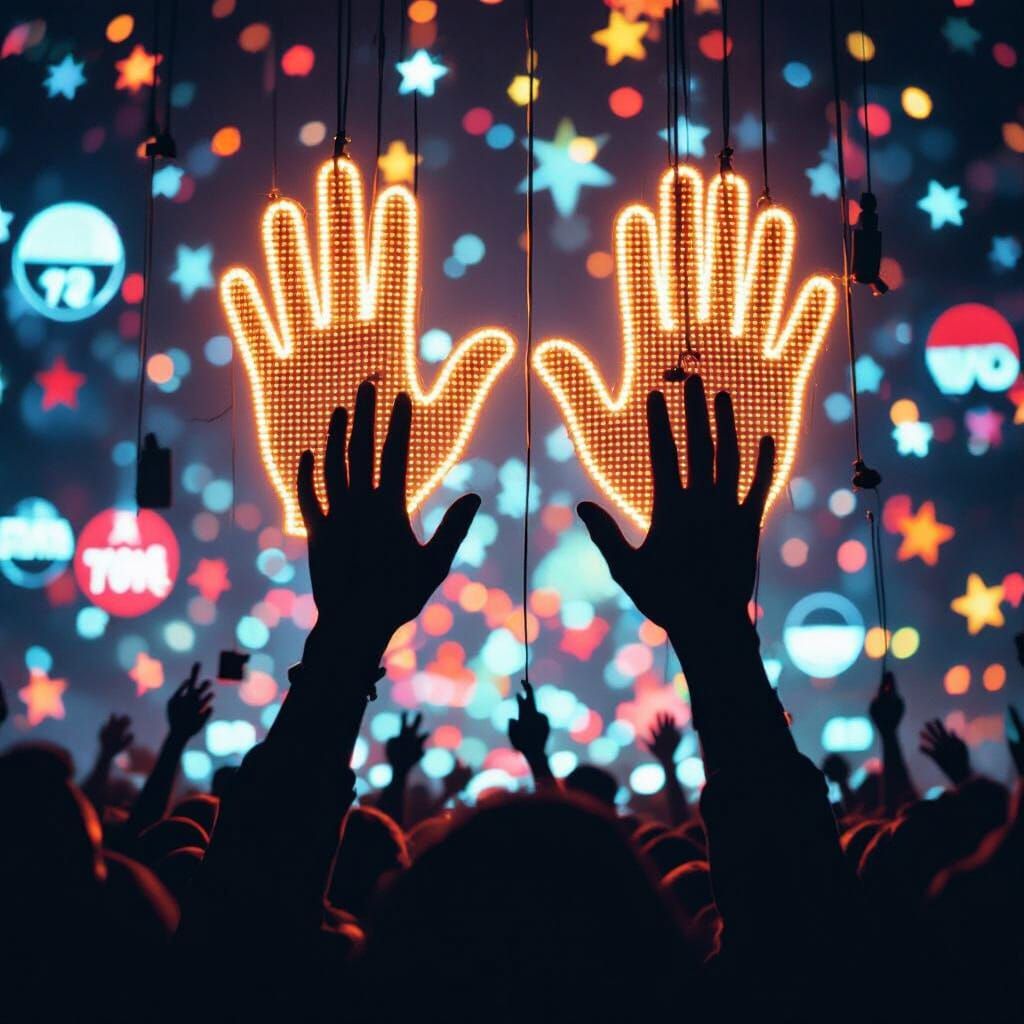 Giant Digital Hands Control Crowd Under Election Symbols