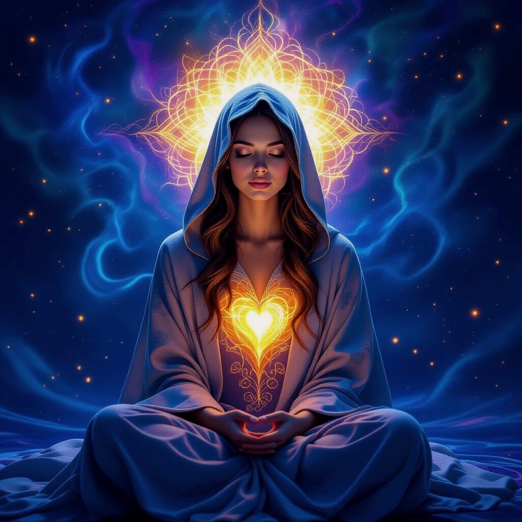 Meditative Woman Radiating Light in Psychedelic Space