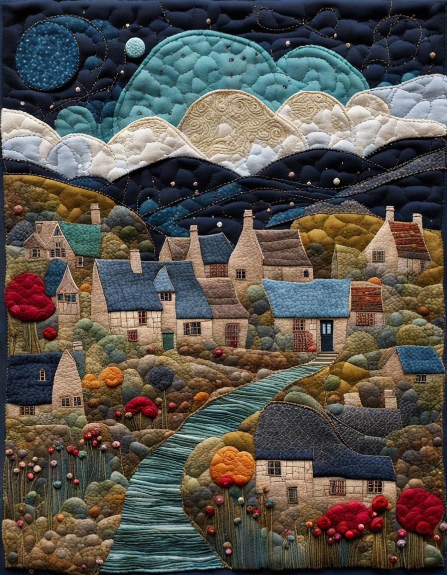 Cotswold Village Fabric Collage with Embroidery