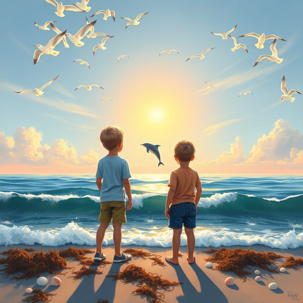 Boys Watch Dolphins at Sunrise in Impressionistic Style