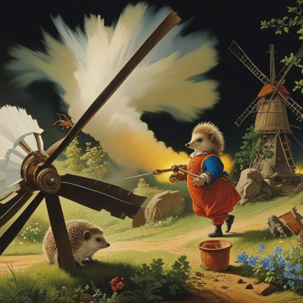 Whimsical Folk Art Windmill Scene with a Cunning Hedgehog